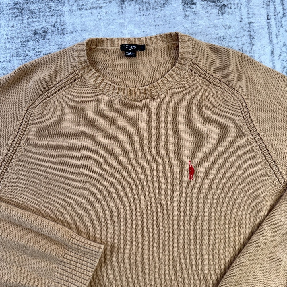 VTG Y2K J Crew Sweater Mens XL Camel Brown Oarsman Embroidered Logo Cotton Crew